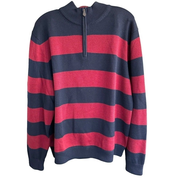 BROOKS BROTHERS Mens 100% Merino Wool 1/4 Zip Blue Red Stripe Sweater Sz XL - Picture 1 of 6